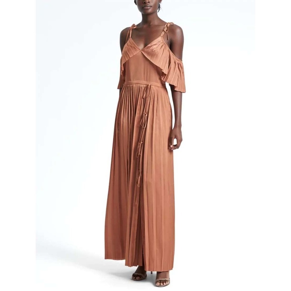 Banana Republic x Olivia Palermo Pleated Maxi Dress SZ 4P Bronze Brown  Boho